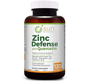 Zinc Defense with Quercetin, EGCG (Green Tea Extract), Bromelain, Vitamins C & D, 2-Month Supply, 120 VCaps, Non-GMO, Gluten Free - Sun Nutritionals