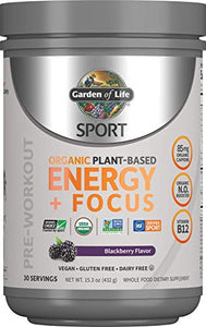 Garden of Life Sport Organic Plant Based Energy + Focus Clean Pre Workout Powder, with 85mg Caffeine, Natural No Booster, B12, Vegan, Gluten Free, Non-GMO, BlackBerry, 15.3 Oz