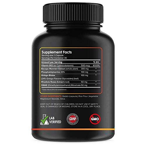 VITAL VITAMINS Brain Supplement Nootropics Booster - Enhance Focus & Mind, Boost Concentration, Improve Memory & Clarity for Men Women, Ginkgo Biloba,Dmae,Iq Neuro Energy, Vitamin B12 Bacopa Monnieri