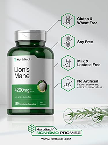 Lions Mane Mushroom Extract | 4200mg | 120 Capsules | Vegetarian, Non-GMO, Gluten Free Supplement | by Horbaach