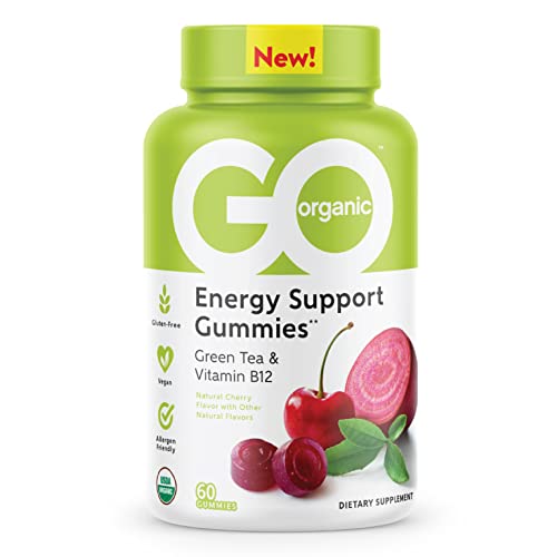 GO Organic Energy Support Gummies - Natural Energy Gummy from Vitamin B-12, Caffeine from Green Tea, Beet Root - Gluten-Free, Vegan Vitamins - Cherry Flavor (60 Count)