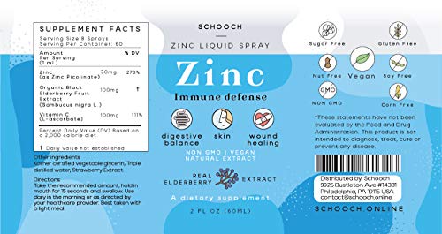 Zinc Picolinate Liquid Spray by SCHOOCH for Skin Health and Immune Support | Elderberry and Vitamin C with Organic Glycerin for Adults & Kids | Vegan, Non-GMO & Gluten Free | 60 Servings