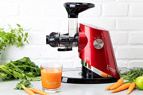 SANA 727 SUPREME JUICER 15 YEAR Warranty Made in KOREA Brushless DC 24 Hour Motor Low-Speed Masticating Juicer 4 Variable Speeds 40 120 RPM Large Capacity, 132 Page Recipe Book, Juice, Milk, Butters, Spreads, Desserts US Voltage (Red)