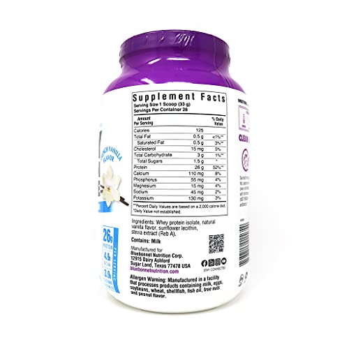 BlueBonnet Nutrition Whey Protein Isolate Powder From Grass Fed Cows, 26g of Protein, No Sugar Added, Non GMO, Gluten & Soy free, kosher Dairy, 2 Lbs, 28 Servings, French Vanilla Flavor