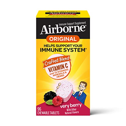 Airborne 1000mg Vitamin C Chewable Tablets with Zinc, Immune Support Supplement with Powerful Antioxidants Vitamins A C & E - (96 count bottle), Very Berry Flavor, Gluten-Free