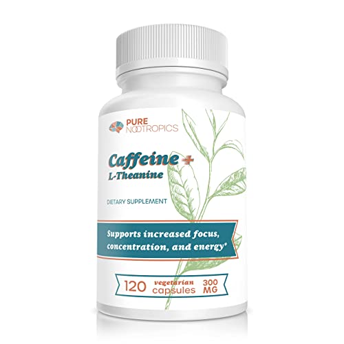 Pure Nootropics - Caffeine + L-theanine 300 mg Capsules | 120 Veg Cap Value Pack | Focused Energy Fortified with Amino Acids | All Natural Mood Support | Morning Super Stack Brain Blend