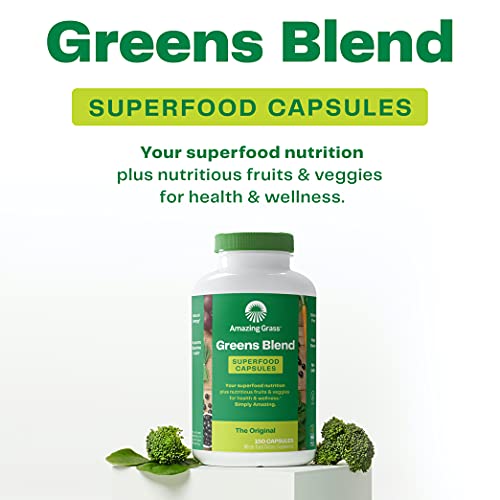 Amazing Grass Greens Blend Superfood Capsules: Super Greens with Spirulina, Chlorella, Beet Root Powder, Digestive Enzymes & Probiotics, 150 Capsules (Packaging May Vary)