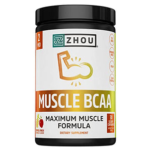 Zhou Nutrition Muscle BCAA Powder, Vegan Muscle Recovery, Natural, Clean Formula for Optimal Absorption, Probiotic Boost, Vitamin C, Gluten and Sugar Free, Tropical Punch, 30 Servings