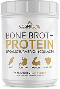 Bone Broth Protein Powder with Organic Turmeric & Collagen Peptides - Grass Fed Beef Bone Broth Collagen - Keto & Paleo Friendly Nutrition - Turmeric Flavor 22g Protein, 20 Servings