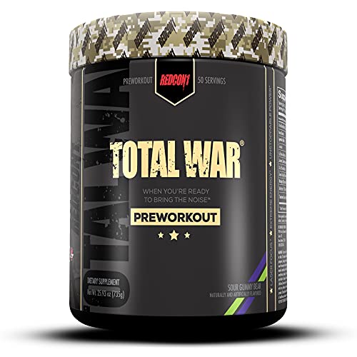 Redcon1 Total War - Pre Workout Powder, 50 Servings, Boost Energy, Increase Endurance and Focus, Beta-Alanine, 350mg Caffeine, Citrulline Malate, Nitric Oxide Booster - Keto Friendly (Sour Gummy Bear)