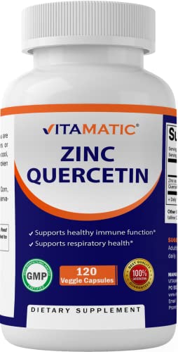 Vitamatic Zinc Quercetin - 120 Vegetarian Capsules - Zinc as Zinc Citrate 30mg & Quercetin Dihydrate 500 mg per Serving - Immune Support