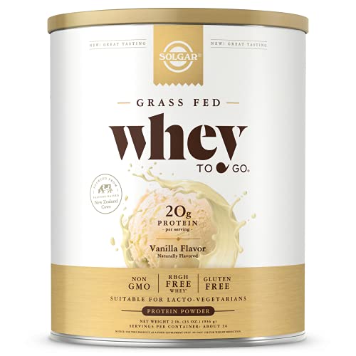 Solgar Grass Fed Whey to Go Protein Powder Vanilla, 2 lb - 20g of Grass-Fed Protein from New Zealand cows - Great Tasting & Mixes Easily - Supports Strength & Recovery - Non-GMO, 36 servings