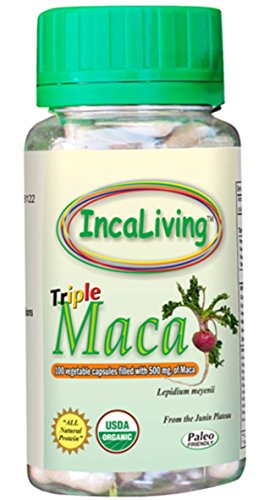 Triple Maca Powder - 100 Vegetable Capsules by Incaliving ( Red, Black and Yellow Maca) * 100% USDA Organic * 100% Gelatinized * 500mg per Capsule* Authentic Peruvian Maca
