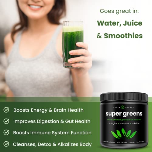 Super Greens Powder Premium Superfood | 20+ Organic Green Veggie Whole Foods | Wheat Grass, Spirulina, Chlorella & More | Antioxidant, Digestive Enzyme & Probiotic Blends | Vegan Juice Supplement