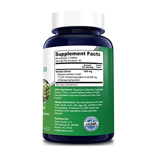 Bacopa Leaf Monnieri Extract 20,000 mg 180 Veggie Tablets (Extract 20:1, Non-GMO & Gluten Free) Supports Healthy Brain Functions*