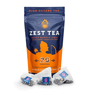 Zest 150mg High Caffeine Energy Leaf Blend - Spicy Masala Chai Black Tea - 20 Pack Bag - All Natural Strong Flavored Healthy Coffee Alternative Highly Caffeinated Substitute - Perfect for Keto Diet