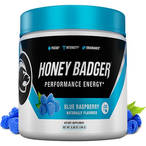 Honey Badger Pre Workout Powder | Vegan Keto Blue Raspberry Preworkout | Natural Energy for Men & Women | Beta Alanine, Caffeine & Vitamin C for Immune Support | Sugar Free & Paleo | 30 Servings