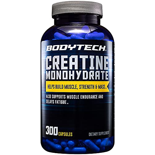 BodyTech 100 Pure Creatine Monohydrate 2250 MG Supports Muscle Strength Mass, 100 Servings (300 Capsules)