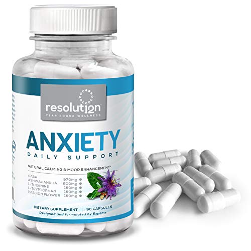 Resolution12 Anxiety Daily Support - Herbal Supplements with Ashwagandha, Passionflower, GABA, L-Tryptophan, L-Theanine, Vitamin B Complex - Helps Balance Mood, Promotes Sharper Memory - 90 Capsules