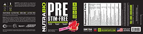 NutraBio PRE Stim Free – Caffeine Free Pre Workout Powder - Sustained Energy, Mental Focus, Endurance - Clinically Dosed Formula - Beta Alanine, Creatine - Watermelon