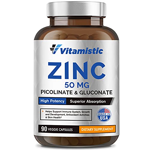 Vitamistic Zinc 50 mg, with Chelated Zinc Picolinate and Gluconate for Immune, Antioxidant, Skin Health & Growth and Development Support, Superior Absorption, Non-GMO, No Gluten, 90 Vegan Capsules