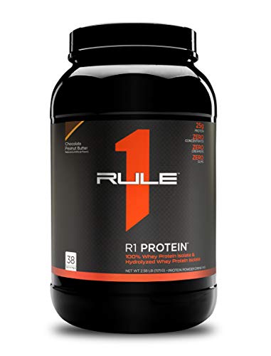 Rule One Proteins, R1 Protein - Chocolate Peanut Butter, 25g Fast-Acting, Super-Pure 100% Isolate and Hydrolysate Protein Powder with 6g BCAAs for Muscle Growth and Recovery, 2.5 Pounds, 38 Servings