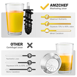 amzchef Cold Press Juicer, Slow Masticating Juicer Machines with Reverse Function Anti-Clogging, Quiet Motor Slow Juicer Extractor with Brush, Fruit Juicer with Plastic Wrench, for High Nutrient Fruit & Vegetable Juice