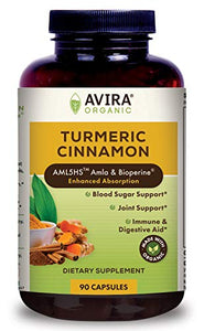 Avira Organic Turmeric Cinnamon, Super Fusion with Amla, Curcumin & Bioperine, Immune Activity, Digestive Aid, Blood Sugar & Joint Support, Max Strength-2190 mg, Yellow, 90 Count