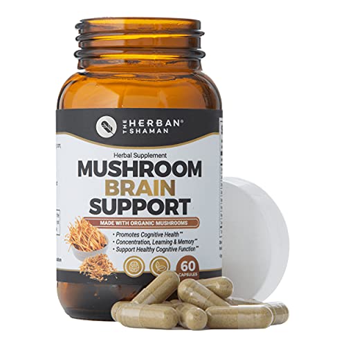 The Herban Shaman Mushroom Supplement Brain Support | Organic Lions Mane, Cordyceps, Ginkgo Leaf, Gotu Kola + More | Natural Herbal Supplement (60 Capsules)