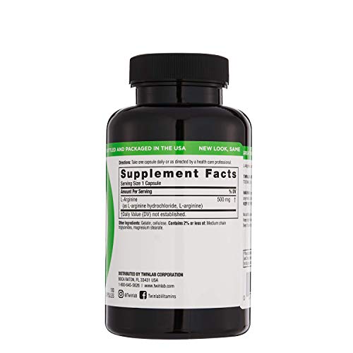 Twinlab L ARGININE 500MG - 100 Cap- Supports Nitric Oxide Production | Free Form Amino Acid