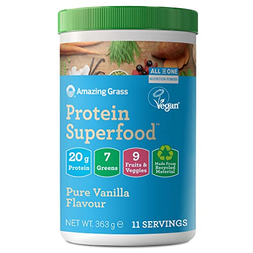 Amazing Grass Protein Superfood: Vegan Protein Powder, All in One Nutrition Shake, Pure Vanilla, 11 Servings (Old Version)