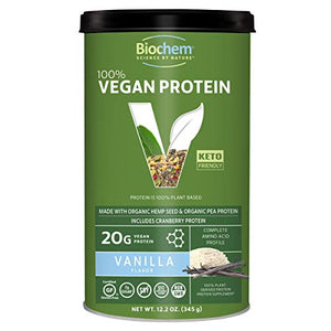 Biochem 100% Vegan Plant Protein - Vanilla - 11.4 oz - Easily Digestible - Amino Acid - Cranberry - KETO-Friendly - Hemp Seed - Pea Protein - Refreshing Taste - Supports Healthy Immune System