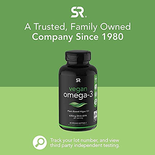 Vegan Omega-3 Fish Oil Alternative sourced from Algae Oil | Highest Levels of Vegan DHA & EPA Fatty Acids | Non-GMO Verified & Vegan Certified - 60 Veggie Softgels (Carrageenan Free)