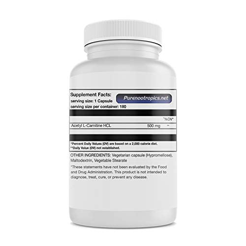 Pure Nootropics - Acetyl L-Carnitine (ALCAR) 500 mg Capsules | 180 Veg Cap Value Pack | Neuroprotective Supplement & Memory Support | in House & Rigorous 3rd Party Testing for Higher Purity & Potency
