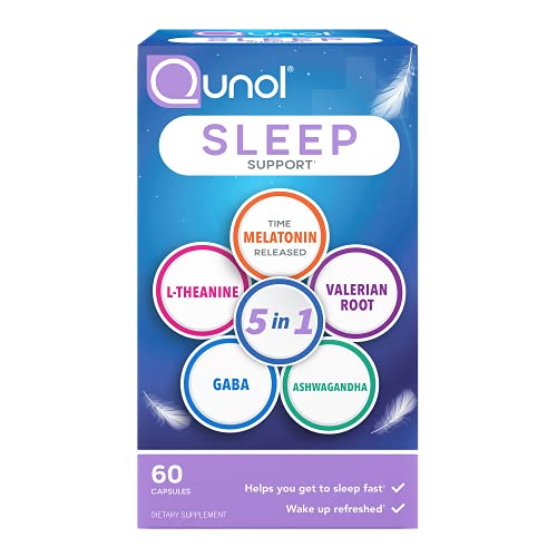 Qunol Sleep Support, 5-in-1 Non-Habit Forming Sleep Aid, Supplement with time-released Melatonin 5mg, Ashwagandha, GABA, Valerian Root, L-Theanine, 2 months supply, capsules, 60 ct