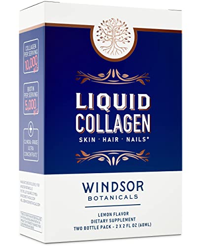 2-Pack Concentrated Liquid Collagen Peptides Supplement - Sublingual Drops by Windsor Botanicals - 10,000mcg Collagen, 5,000mcg Biotin - Lemon Flavor - 4-Month - 4 oz