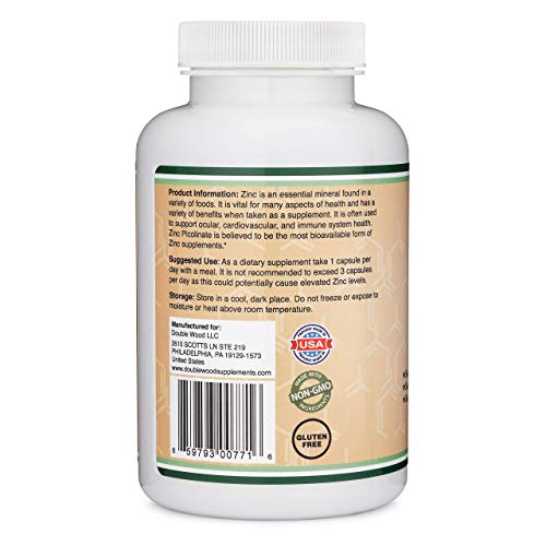 Zinc Picolinate 50mg, 300 Capsules (Immune Support for Kids and Adults) Non-GMO, Gluten Free, Made in The USA (300 Day Supply) by Double Wood Supplements