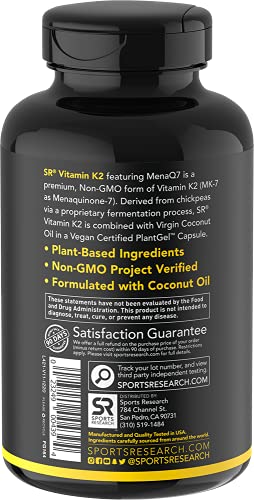 Vitamin K2 (as MK7) with Organic Coconut Oil | Made with MenaQ7 from Fermented Chickpea | Non-GMO Verified, Vegan Certified (60 Veggie-Softgels)