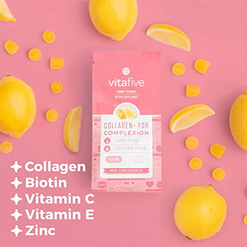 Vitafive Collagen Gummies for Women : Non-GMO & Gluten Free Hair Skin and Nails Gummies Made with Hydrolyzed Collagen, Biotin, Vitamin C, Vitamin E, & Zinc - Natural Lemon Flavor, 200mg (1-Pack)