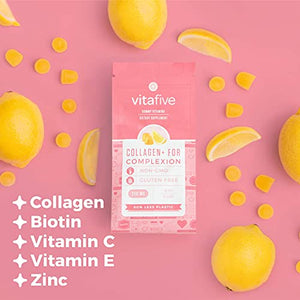 Vitafive Collagen Gummies for Women : Non-GMO & Gluten Free Hair Skin and Nails Gummies Made with Hydrolyzed Collagen, Biotin, Vitamin C, Vitamin E, & Zinc - Natural Lemon Flavor, 200mg (1-Pack)