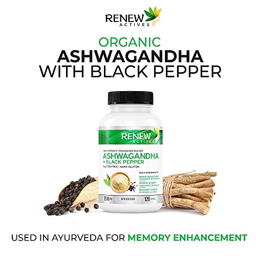 Renew Actives Organic ASHWAGANDHA Capsules: 1300 Mg of Ashwagandha with 10 Mg of Black Pepper - Powerful Herbal Supplement Traditionally Used to Support Sleep - 120 Veggie Supplements. Non-GMO