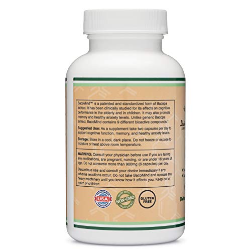 BacoMind Clinically Tested Bacopa (Patented and Clinically Proven Form of Bacopa Monnieri Extract) 210 Vegan Capsules, Promotes Learning and Memory, Reduces Anxiety by Double Wood Supplements