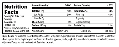 Designs for Health Paleo Bar - Paleo Nutrition Bar with 8g Net Carbs + 10g Protein from Bone Broth Isolate, Hemp + Pumpkin Seed - Dairy-Free + Gluten-Free, Chocolate Flavor (12 Bars)