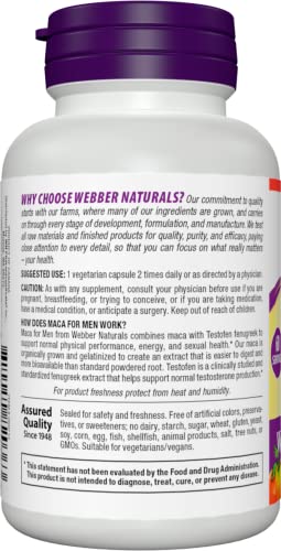 Webber Naturals Maca for Men, 1,650 mg of Organic Maca and 9,990 mg of Fenugreek Per Pill, 60 Vegetarian Capsules, Supports Energy and Mood, Gluten Free, Non-GMO, Suitable for Vegans