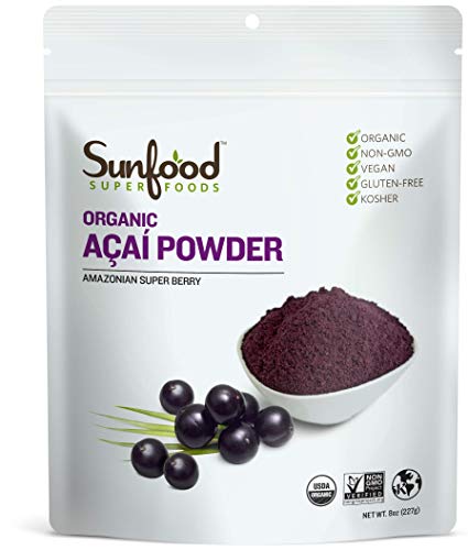 Sunfood Acai Powder | Organic & Unsweetened | 100% Raw Freeze Dried Berries | Natural Antioxidant | Non-GMO, Gluten-Free | Ultra-Clean: No Fillers, Additives, Preservatives | 8 Ounce Bag