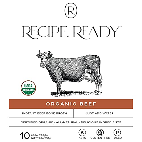 Recipe Ready Instant Organic Beef Bone Broth Packets, 10ct. Solar Energy Produced Single Serve Beef Broth & Bone Broth Soup - 100% Natural Organic Bone Broth Protein Powder, Bone Broth Collagen