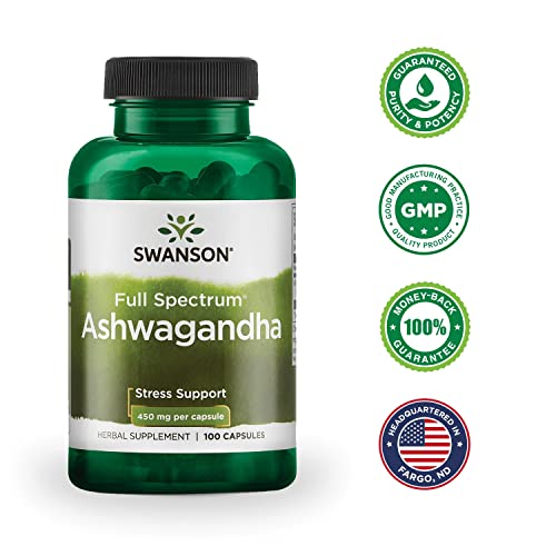 Swanson Ashwagandha Powder Supplement-Ashwagandha Root & Aerial Parts Supplement Promoting Stress Relief & Energy Support-Ayurvedic Supplement for Natural Wellness (100 Capsules, 450mg Each) 3 Pack