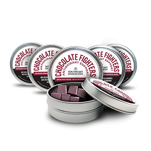 Southeast Chocolates Fighters - Sugar-Free White Chocolate Bites with Goji Berries, Maqui Berries, Acai Berries, Elderberry and Raspberry to Support Antioxidants Supply – Vegan, Dairy-Free. Soy-Free and All Natural (Small Tin 6 Pack/9 Bites ea.)