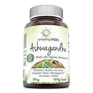 Amazing India Ashwagandha (Made with Organic Ashwagandha) 500 Mg 120 Veggie Capsules (Non-GMO) * Promotes Healthy Immunity Supports Stress Management and Promotes Vitality *