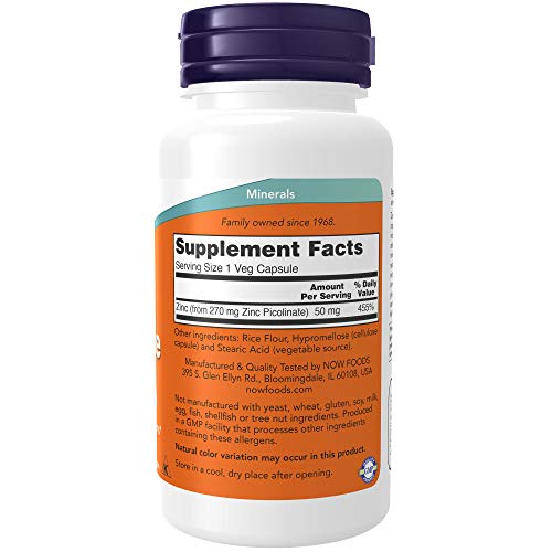NOW Supplements, Zinc Picolinate 50 mg, Supports Enzyme Functions, Immune Support, 120 Veg Capsules
